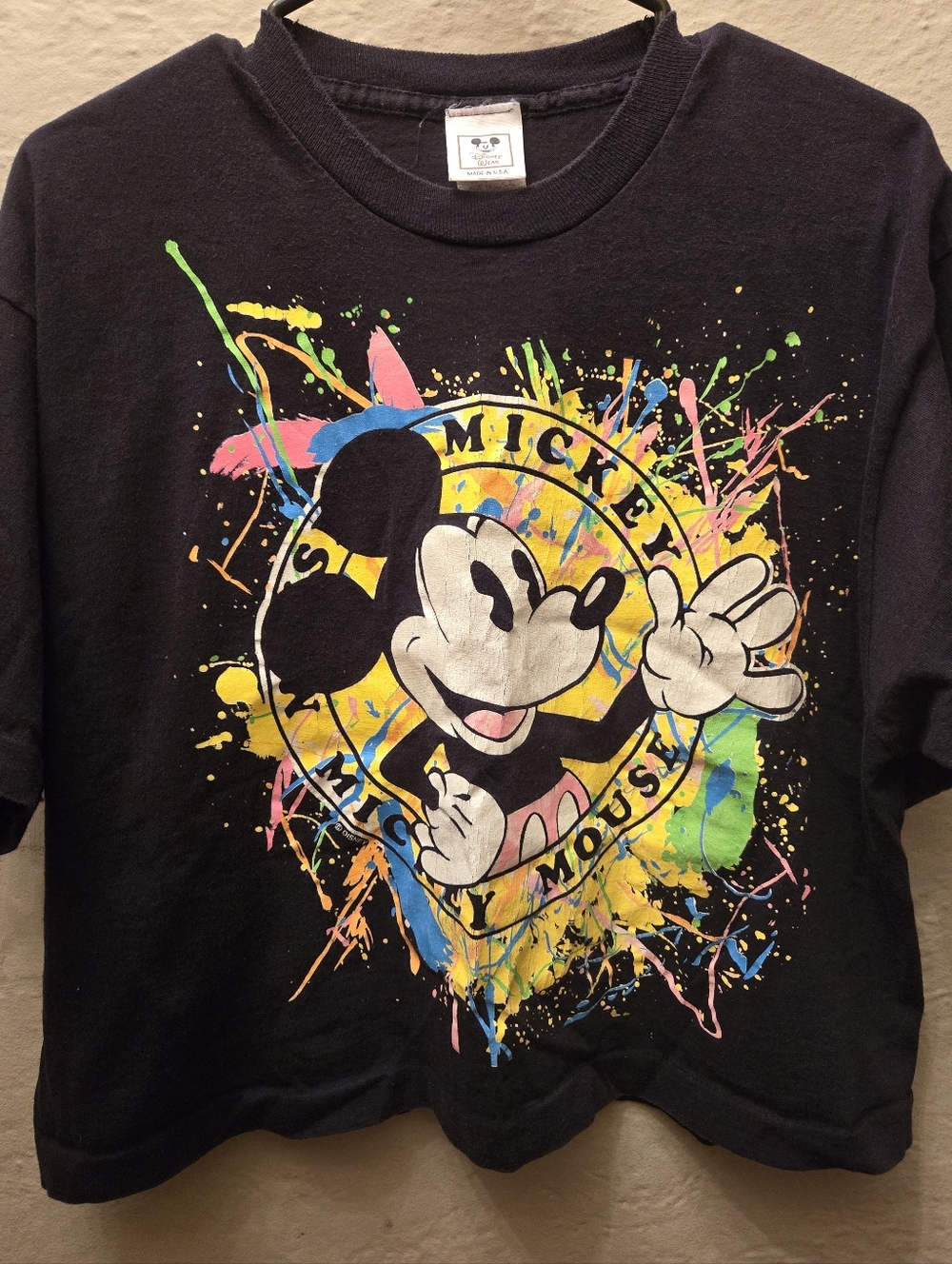 Vintage Mickey Mouse Paint Splatter Tee Disney USA Boxy Crop